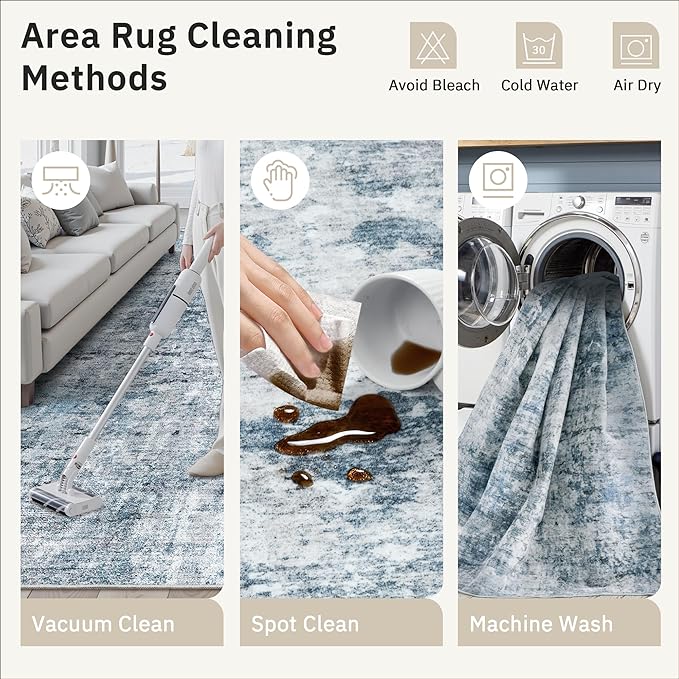 Runner Rug 2'6" x 12' Washable Non-Slip 2.5x12 ft Long Runner Rugs for Kitchen Bathroom Laundry Room Vintage Ultra Thin Runners for Hallway Entryway Blue/Grey