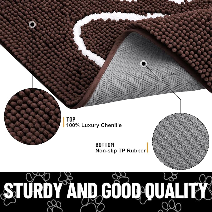 Smiry Dog Door Mat for Muddy Paws, Absorbent Dirt Trapper Non Slip Quick Dry Washable Chenille Mat for Mud Dogs, Entry Rug for Indoor and Outdoor (59x35 Inches, Brown and White)