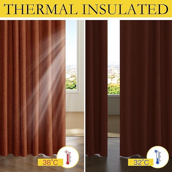 NICETOWN 100% Absolutely Blackout Linen Curtains with Thermal Insulated Liner, 52" Wide, 2 Panels, 120" Long Drapes, Grommet Retro Burnt Orange Linen Curtains Vertical Drapes Privacy for Bedroom