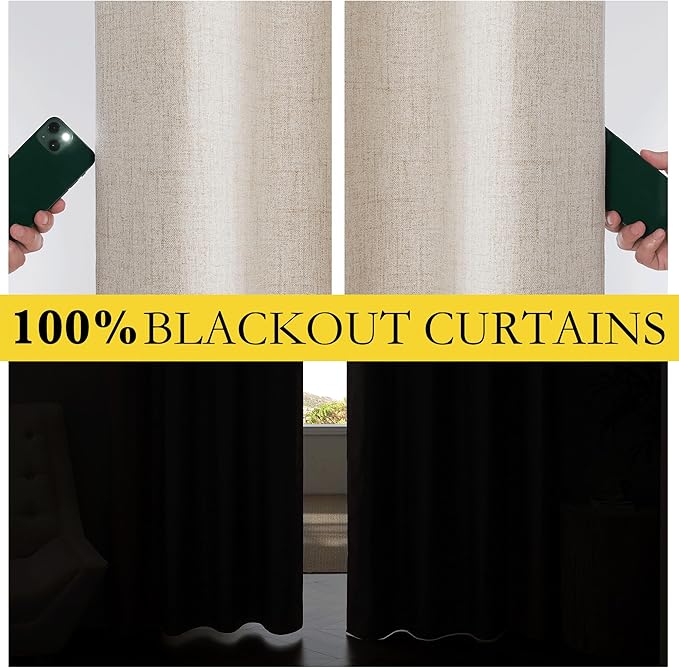 NICETOWN Oatmeal Vintage Open Linen Weave Flax Thermal Curtains, 100% Blackout Curtains 63" Long for Dining Room, Soundproof Window Treatment Drapes for Dorm Room, 62" Wide Per Panel, Set of 2