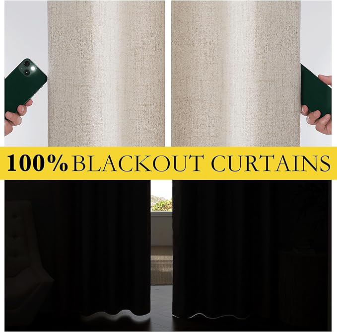 NICETOWN Oatmeal Vintage Open Linen Weave Flax Thermal Curtains, 100% Blackout Curtains 54" Long for Dining Room, Soundproof Window Treatment Drapes for Kitchen, 42" Wide Per Panel, Set of 2