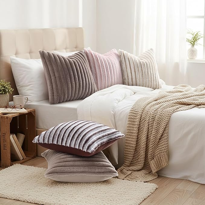 decorUhome Cozy Faux Fur Throw Pillow Covers 12x20 Set of 2 Decorative Soft Plush Striped Lumbar Modern Farmhouse Boho Couch Pillow Cases with Velvet Back for Sofa Bed Living Room, Tan