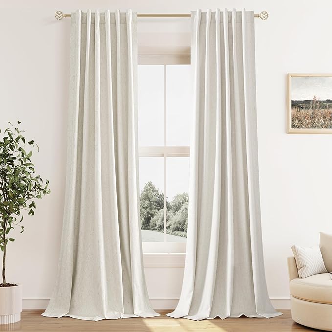 Guken 100% Blackout Cream Linen Curtains 112 Inch Wide by 52 Inch 2 Panels Set for Living Room Bedroom Back Tab Thermal Insulated Black Out Linen Drapes Room Darkening Window Curtains