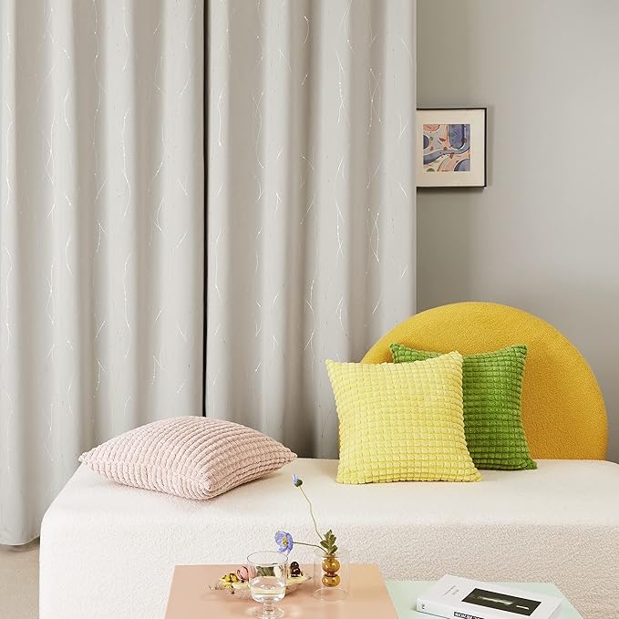 Deconovo Room Darkening Curtain, Beige Curtain, Thermal Insulated Noise Reducing Drapes, Silver Wave Dots Print, 52 x 108 Inch Long, Grommet Window Panels for Living Room Sliding Glass Door, Set of 2