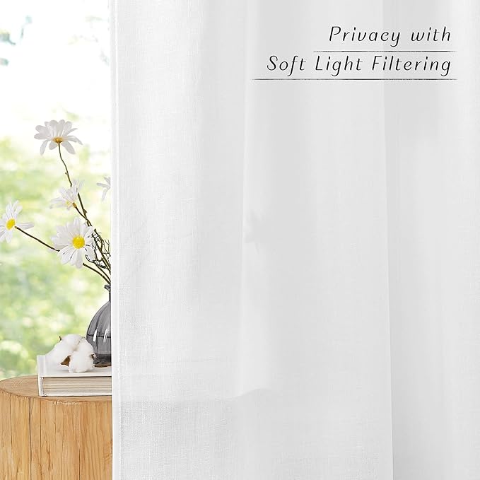 NICETOWN White Linen Curtains 132 inches Long, Grommet Privacy Added Linen Burlap Drapes with Light Filtering Window Treatments for Bedroom/Living Room, W55 x L132, 2 Panels