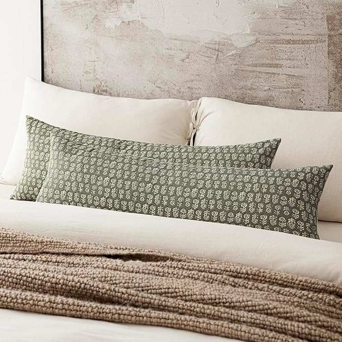Foindtower Set of 2 Decorative Long Body Lumbar Throw Pillow Covers Neutral Modern Farmhouse Cushion Covers Vintage Home Decor for Sofa Couch Chair Bedroom Living Room,14×36 Inch,Sage Green