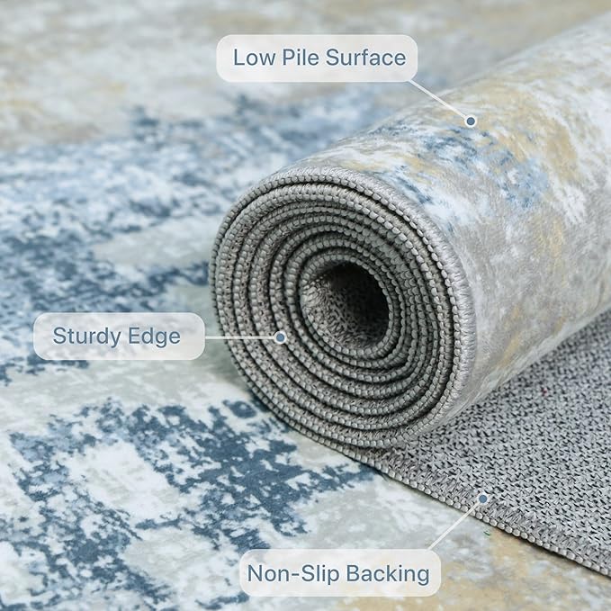 1'5''x2'5'' Rugs for Entryway Entrance Kitchen Bathroom, Machine Washable Modern Abstract Soft Small Rug, Low Pile Indoor Floor Carpet with Non Slip Backing, Blue Cream