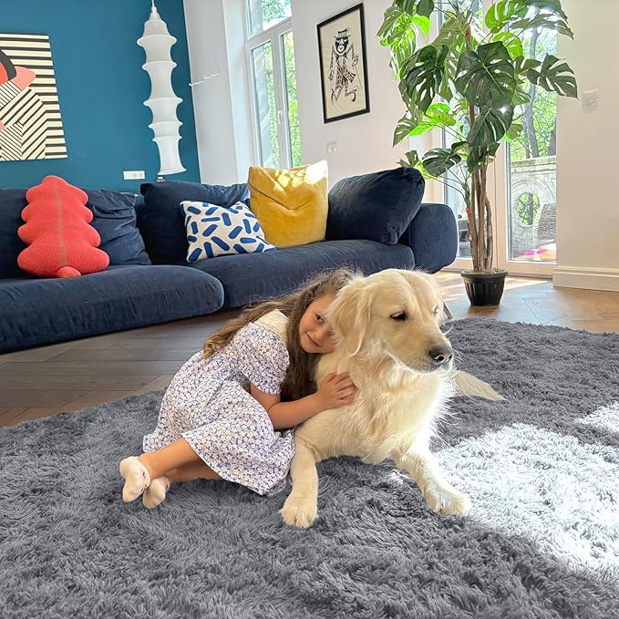 OLANLY 9x12 Machine Washable Large Area Rugs for Living Room, Bedroom, Soft Fluffy Shaggy Bedside Rug, Indoor Floor Carpet for Kids Girls and Boys, Dorms, Nursery, Home Decor Aesthetic, Light Grey