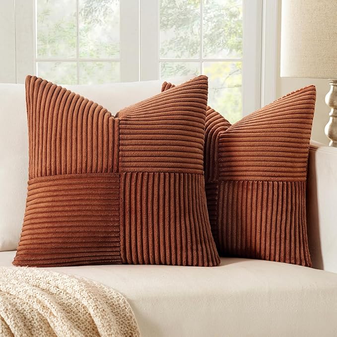 MIULEE Dark Rust Decorative Throw Pillow Covers 18x18 Inch for Couch Bed Sofa Pack of 2 Terracotta Boho Farmhouse Throw Pillows Fall Soft Cross Corduroy Patchwork Textured Cushion Cases