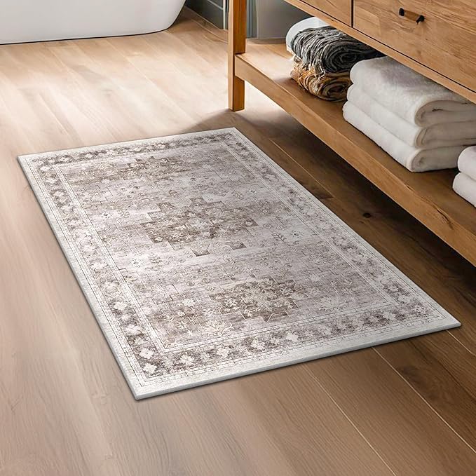 2x4 Boho Runner Rug, Neutral Farmhouse Entryway Rugs, Small Throw Runners for Hallway Bedroom Kitchen, Vintage Floral Design & Non-Slip Low-Pile Washable Stain Resistant Beige Latte