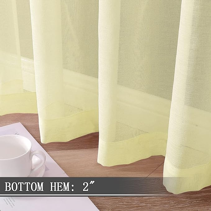 Tollpiz Sheer Curtain Linen Textured Bedroom Curtains Sheer Light Filtering Rod Pocket Voile Curtain for Living Room, 54 x 95 inches Long, Transparent Yellow, Set of 2 Panels