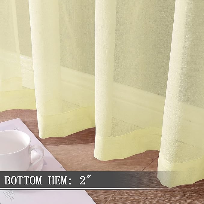 Tollpiz Sheer Tier Curtains Kitchen Linen Textured Half Curtain Sheers Light Filtering Rod Pocket Voile Bathroom Short Curtains for Farmhouse, 25 x 30 inches Long, Transparent Yellow, Set of 2 Panels