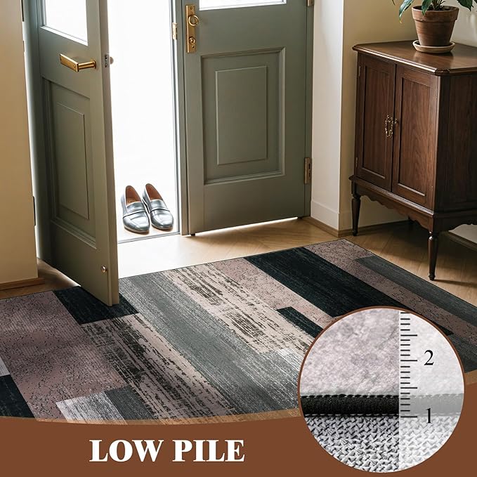 LIANLAM 8x10 Washable Area Rugs for Living Room and Bedroom, Vintage Checkered Pattern Non-Slip Carpet, Stain Resistant Low Pile Soft Rug for Dining Room,Office,Nursery,Kids Room(8x10,Chocolate)