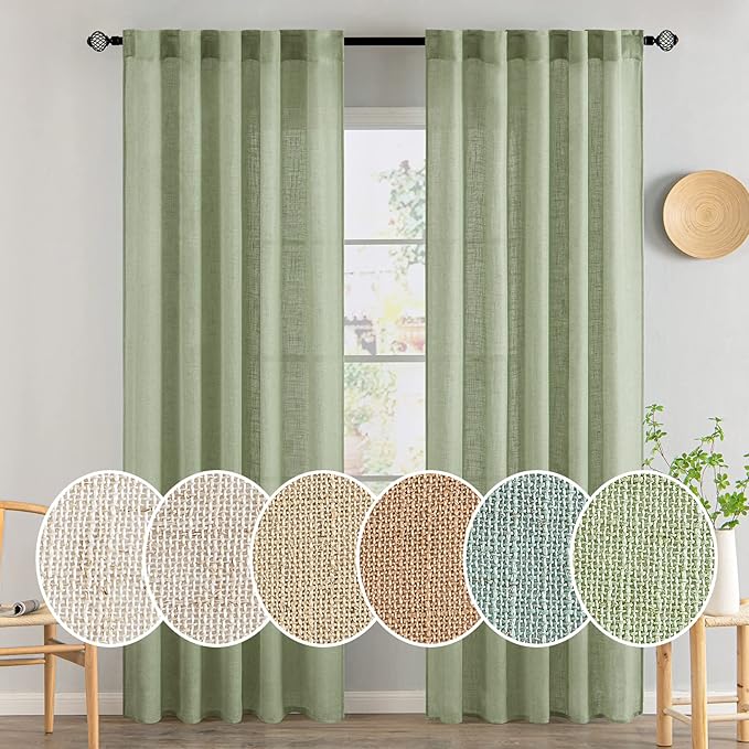 MIULEE Sage Green Linen Curtains 84 Inch Length for Bedroom Living Room, Soft Thick Linen Textured Window Drapes Semi Sheer Light Filtering Back Tab Rod Pocket Burlap Look Spring Decor, 2 Panels