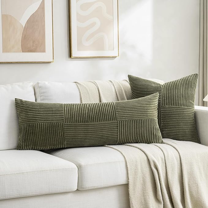 Fancy Homi Set of 2 Olive Green Boho Long Lumbar Body Decorative Throw Pillow Cover 14x36 Inch for Bed Couch Bedroom Bench, Soft Patchwork Corduroy Textured Pillow Case, Rustic Farmhouse Room Décor
