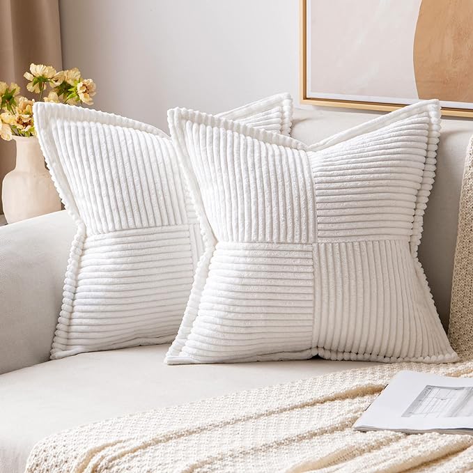 MIULEE Decorative Throw Pillow Covers for Couch Bed Livingroom 18x18 Inch Set of 2 White Boho Accent Throw Pllows Broadside Striped Patchwork Soft Corduroy Pillowcases