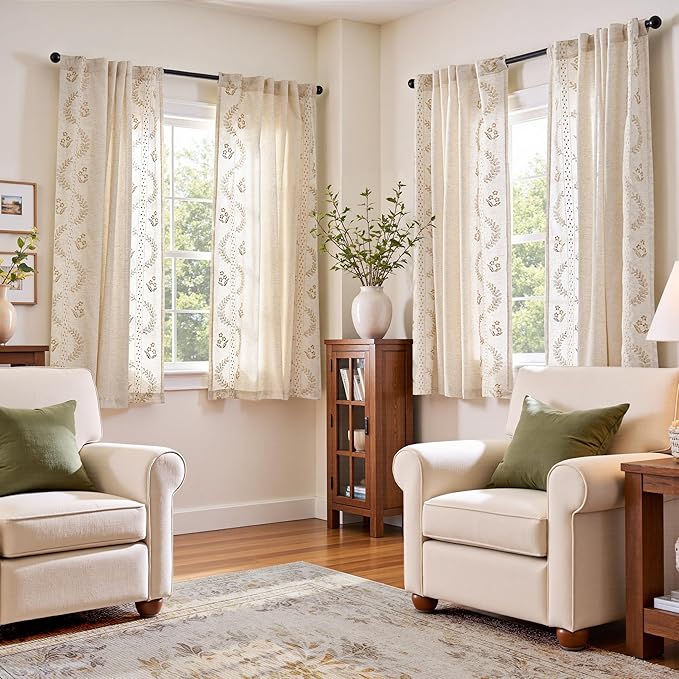 jinchan Belrose Linen Curtains for Bedroom Floral Curtains 63 Inch Length Linen Blend Beige Embroidered Drapes Farmhouse Flower Patterned Drapes for Living Room Window Treatments Sets 4 Panels