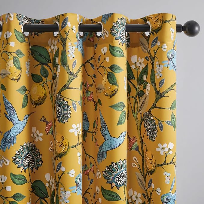 Topfinel 105 Inches Long Mustard Yellow Luxury Curtains for Living Room Bedroom, Blackout Vintage Art Deco Victorian Curtains Floral Lemon Hummingbird Printed Grommet Drape 105 Inch Length