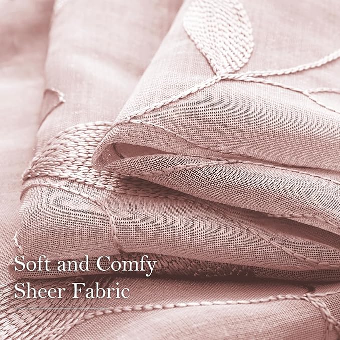 HOMEIDEAS Blush Pink Sheer Kitchen Curtains 52 x 54 Inch Length 2 Panels Embroidered Leaf Pattern Short Curtains for Bedroom Half Small Bathroom Window Rod Pocket Tiers