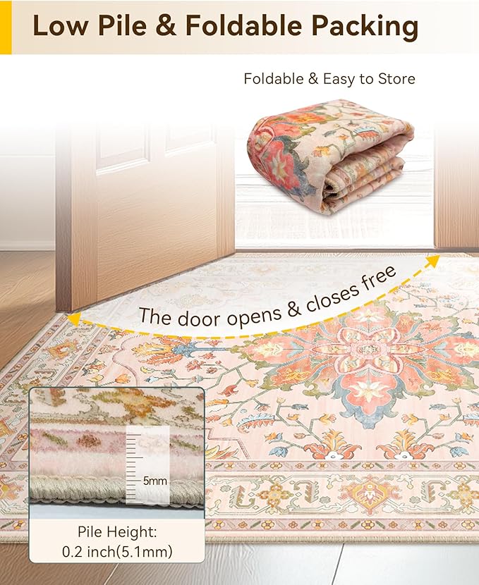 Area Rugs 2'x6' Runner Rug Non Slip Washable for Kitchen Hallway Bedroom Beside Laundry Room Bathroom Rug, Floor Carpet, Light Pink Colorful