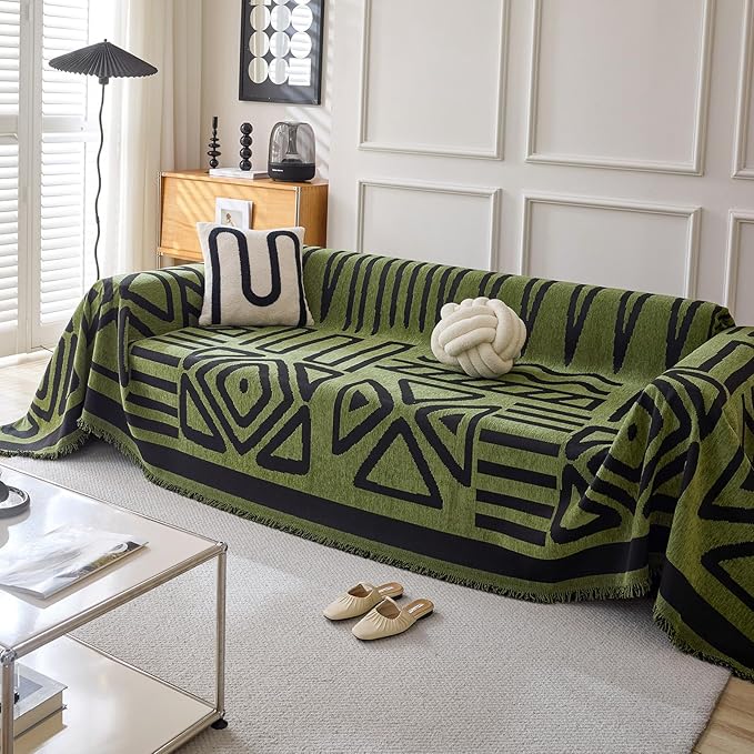 HANDONTIME Boho Geometric Couch Covers for Sofa Pet Friendly Avocado and Black Sofa Covers Washable Chenille Couch Blanket Cover for 1 2 Cushion Couches Pet Protector Furniture Cover Soft, 71" X 102"