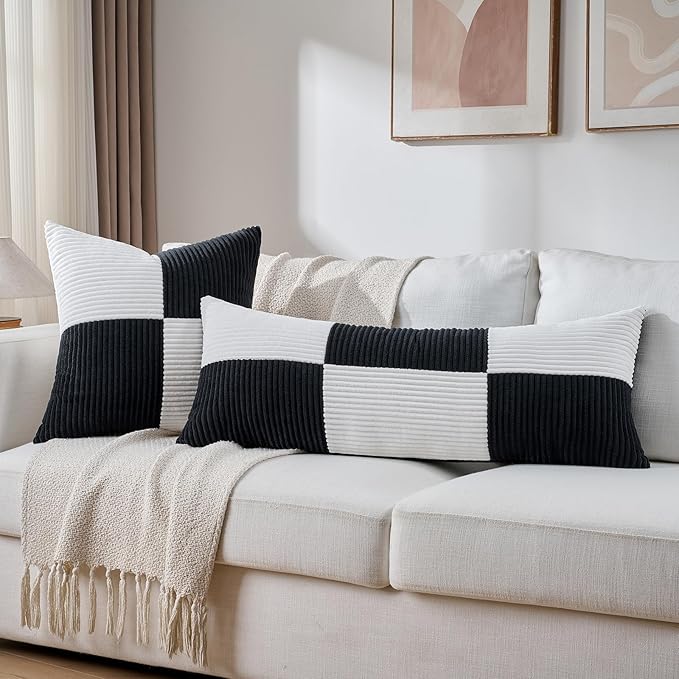 Fancy Homi Set of 2 Black White Decorative Throw Pillow Covers 20x20 Inch for Living Room Couch Bed Sofa, Farmhouse Boho Home Decor, Soft Cross Corduroy Patchwork Accent Square Cushion Case 50x50 cm
