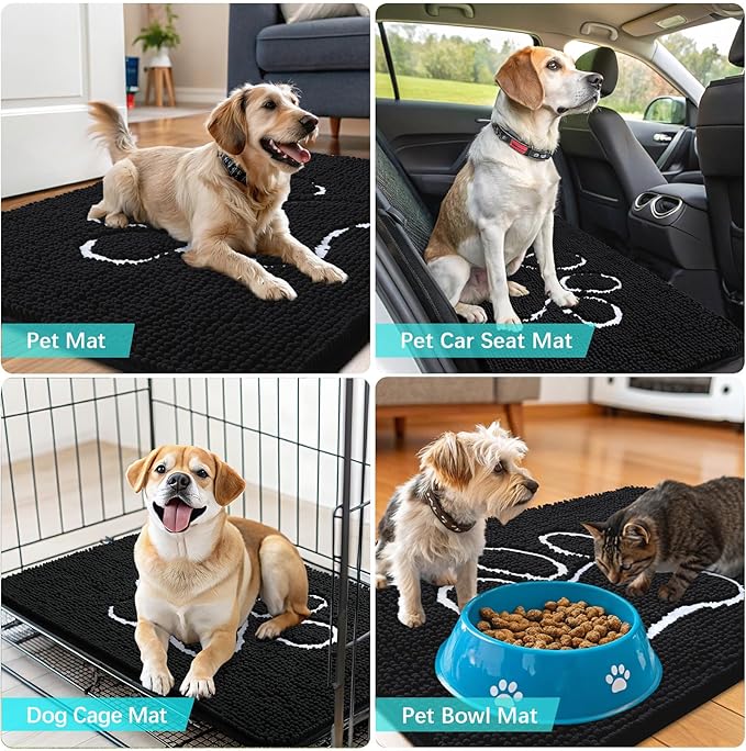 OLANLY Dog Door Mat for Muddy Paws 59x24, Paw Print Design, Absorbs Moisture and Dirt, Absorbent Non-Slip Washable Doormat, Quick Dry Chenille Mud Mat for Dogs, Entry Indoor Entryway Carpet, Black