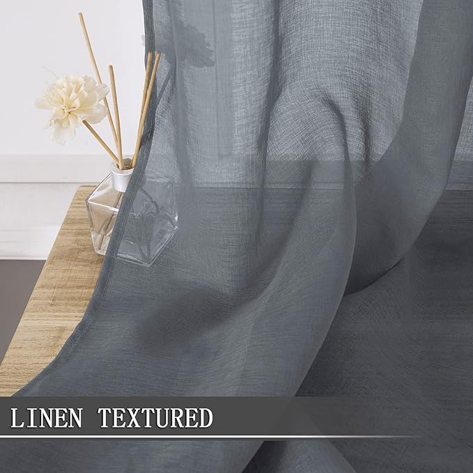 Tollpiz Short Sheer Curtains Linen Textured Living Room Curtain Sheers Light Filtering Rod Pocket Voile Curtains for Bedroom, 42 x 45 inches Long, Dark Grey, Set of 2 Panels