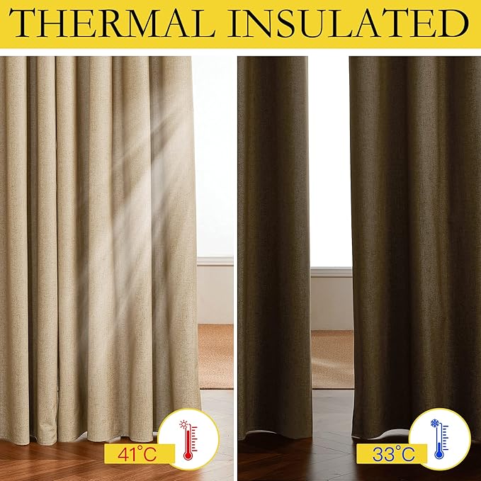 NICETOWN 100% Absolutely Blackout Linen Curtains with Thermal Insulated White Liner, Camel, 42" Wide by 45" Long, 2 Pieces, Linen Blend Window Drapes Privacy Window Treatments for Bedroom/Kids Room