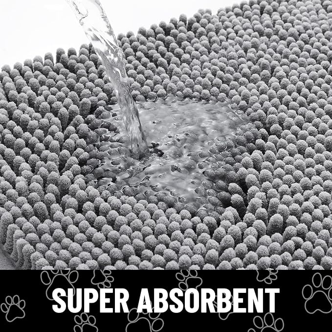 Smiry Dog Door Mat for Muddy Paws, Absorbent Dirt Trapper Non Slip Quick Dry Washable Chenille Mat for Mud Dogs, Entry Rug for Indoor and Outdoor (70x35 Inches, Grey and Black)