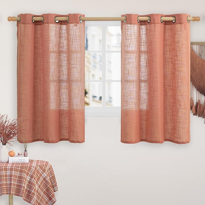 LAMIT Terracotta Linen Curtains 54 Inch Length 2 Panel Set, Semi Sheer Bronze Grommet Window Drapes Light Filtering Rustic Boho Panels for Bedroom/Kitchen/Farmhouse, 34 x 54 Inch