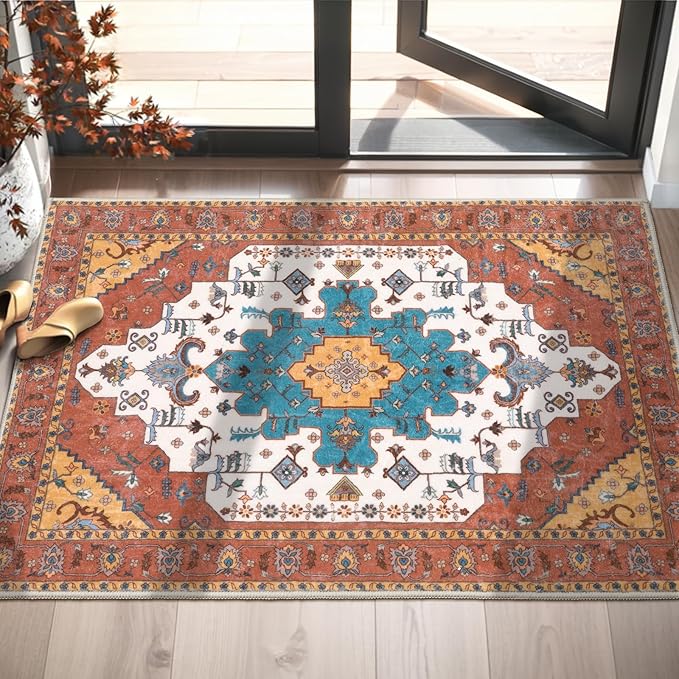 SERISSA Boho Rugs for Entryway, 2x3 Orange Entryway Rug Non-Slip Washable Small Area Rug, Ultra Soft Oriental Vintage Low-Pile Indoor Door Mat Floor Carpet for Entrance Bedroom Kitchen Bathroom