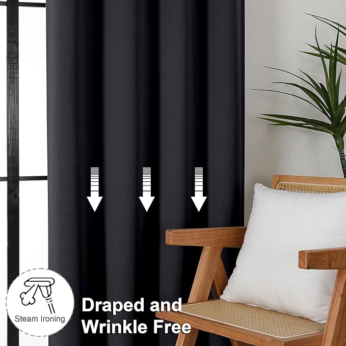 Simplebrand Ava Black Short 24 Inches Blackout Curtain 2 Panels Set, Half Window Rod Pocket Privacy Curtain Tiers for Kitchen, Curtains Blackout for Bathroom Shades, W30 x L24 Inch, Black