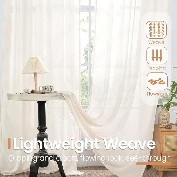 BGment Linen Curtains 40 Inch Length for Kitchen Cafe Window - Rod Pocket Ivory Semi Sheer Drapes Natural Light Filtering for Bedroom Bathroom Lightweight Rustic, 2 Panels Set, 42 X 40 Inch