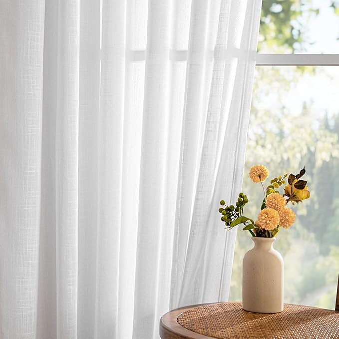 MYSKY HOME 95 Inches Long White Curtains Semi Sheer Drapes Light Filtering for Sliding Glass Door Window Treatments Soft Cotton Blend Panels Linen Look Farmhouse Style, 100" x 95", 1 Piece