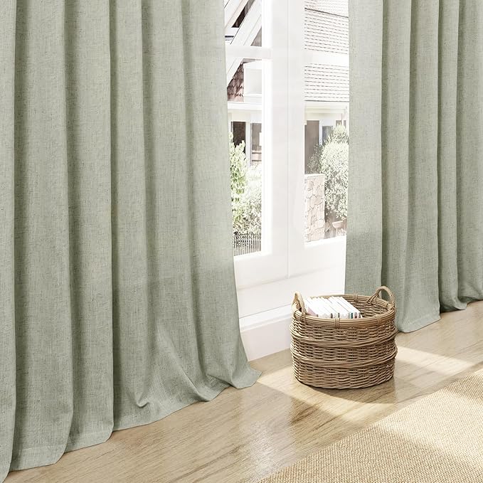 Sage Green Linen Sheer Curtains 54 Inch Length 2 Panel Set Back Tab Rod Pocket Semi Sheer Light Filtering Short Curtain Soft Elegant Aesthetic Small Window Drapes for Bathroom 52x54 Inches Long