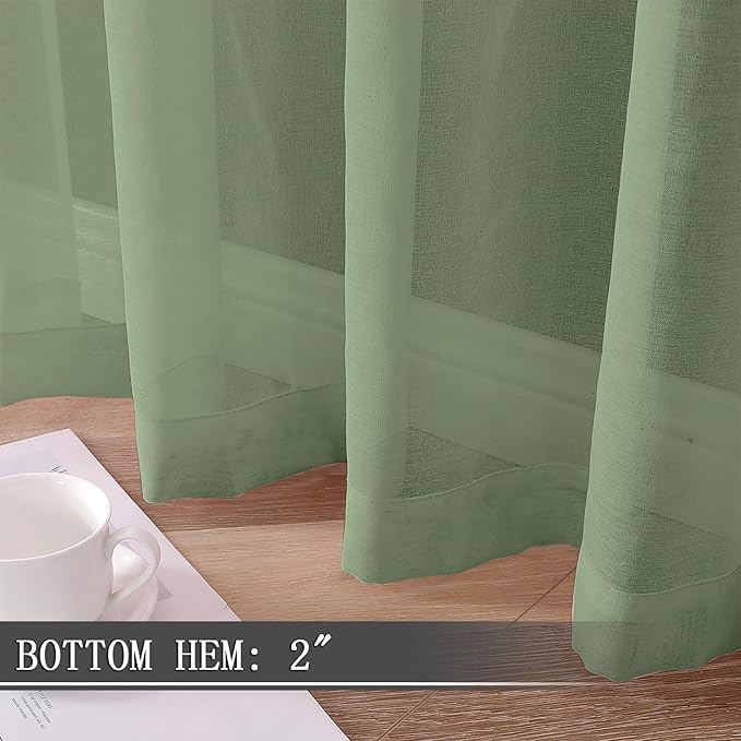 Tollpiz Sheer Tier Curtain Linen Textured Half Kitchen Curtains Sheer Light Filtering Rod Pocket Voile Small Curtains for Bathroom, 25 x 36 inches Long, Sage Green, Set of 2 Panels