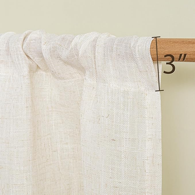 MYSKY HOME Kitchen Semi Sheer Linen Curtains 24 Inch Long, Light Filtering Window Panels Rod Pocket Valance Neutral Drapes for Small Window/Cafe/Bathroom Basement, Linen, 2 Panels, 34 x 24 Inch