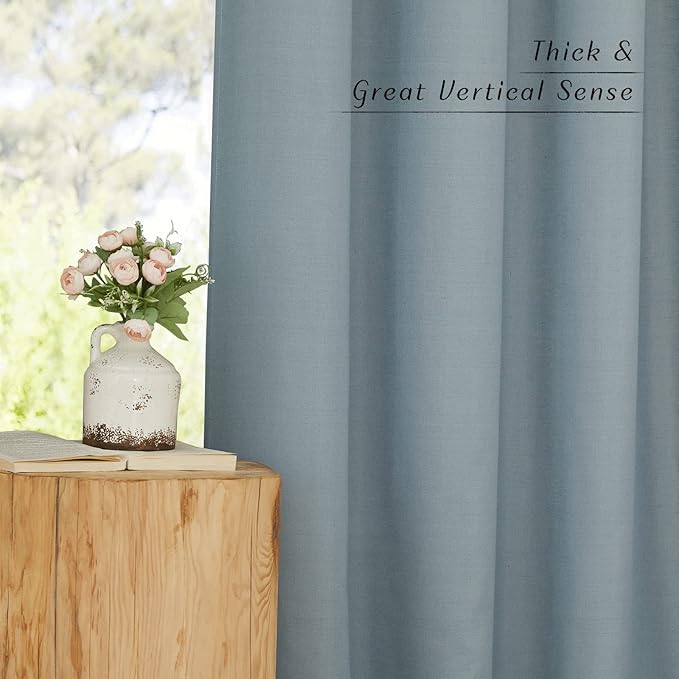 NICETOWN Flax Stone Blue Linen Curtains for Room Divider, Grommet Top Thick Flax Semi Sheer Vertical Drapes Privacy Assured with Light Filtering for Sliding Glass Door, W68 x L96, 2 Pieces