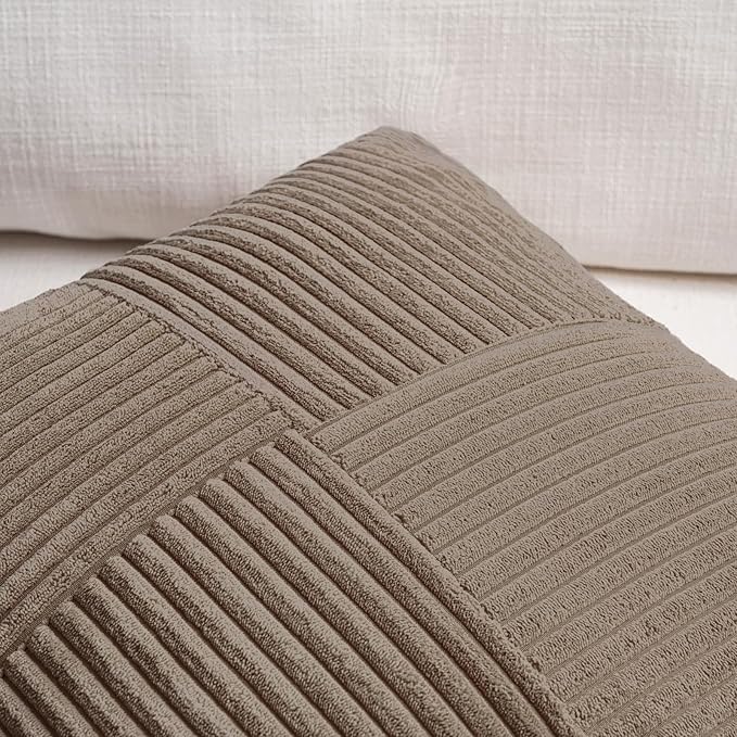 Fancy Homi Set of 2, Light Brown Patchwork Corduroy Decorative Soft Striped Modern Accent Cushion Case Farmhouse Boho Neutral Throw Pillow Covers for Chair Couch Bed Sofa Living Room 22x22 Inch
