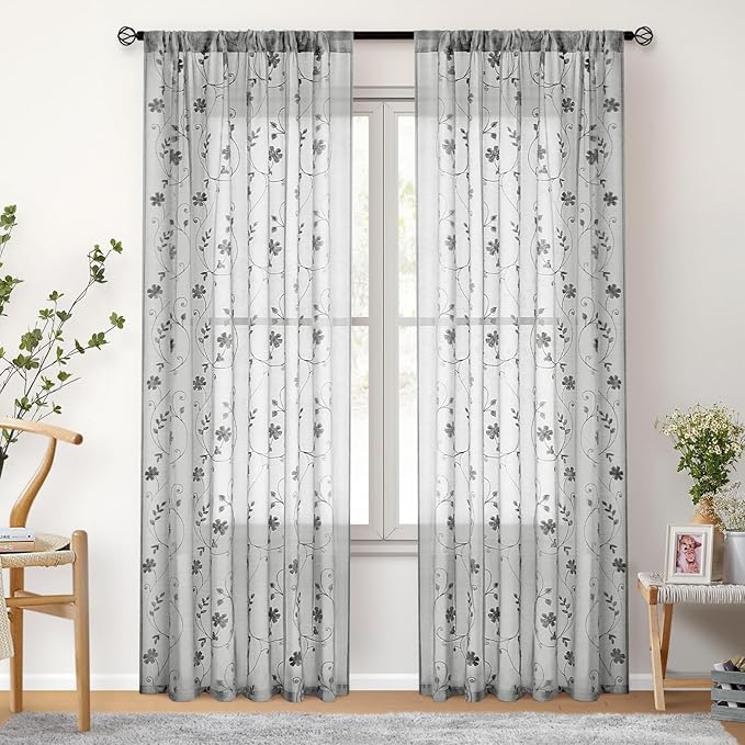 HOMEIDEAS Grey Sheer Curtains 63 Inches Long 2 Panels Embroidered Floral Pattern Semi Sheer Window Curtains for Bedroom Living Room