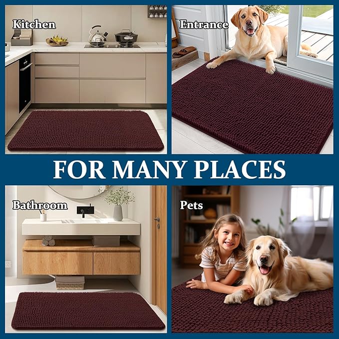 OLANLY Dog Door Mat for Muddy Paws 59x35, Absorbs Moisture and Dirt, Absorbent Non-Slip Washable Doormat, Quick Dry Chenille Mud Mat for Dogs, Entry Indoor Entryway Carpet for Inside Floor, Russet
