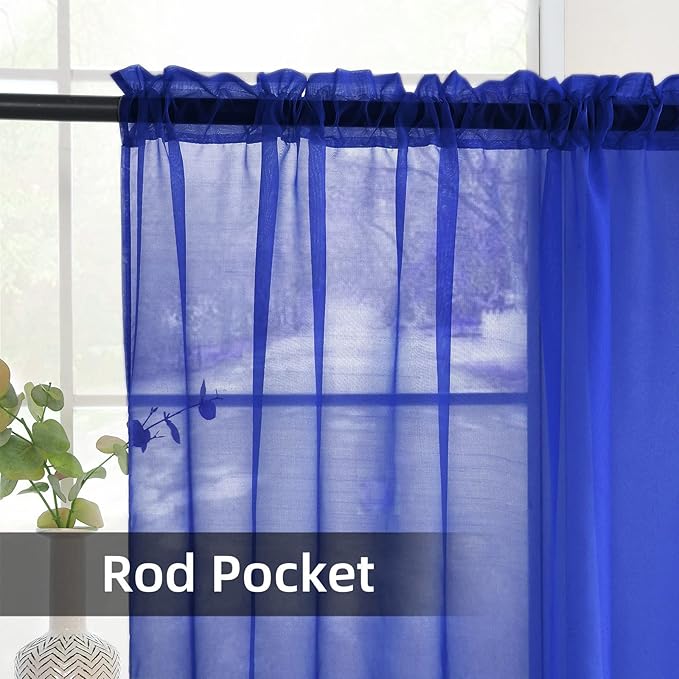 youleyar Solid Sheer Rod Pocket Curtain Voile Draperies 2 Panels White Beige Black Grey Coffee 52 Inch Width 72 Inch Long 1 Pair for Kitchen Bedroom Children Living Room Yard (Sapphire,52Wｘ72L)
