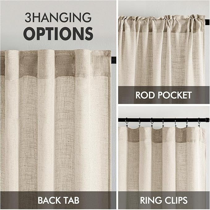 MIULEE Beige Linen Curtains 72 Inch Length 2 Panels for Bedroom Living Room, Soft Linen Textured Window Drapes Semi Sheer Light Filtering Back Tab Rod Pocket Farmhouse Modern Burlap Look Decor