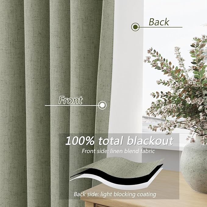 Sage Green 100% Blackout Curtains 84 Inch Length 2 Panels Set for Living Room Bedroom Back Tab Thermal Insulated Black Out Linen Drapes Room Darkening Window Curtains 40 Wide