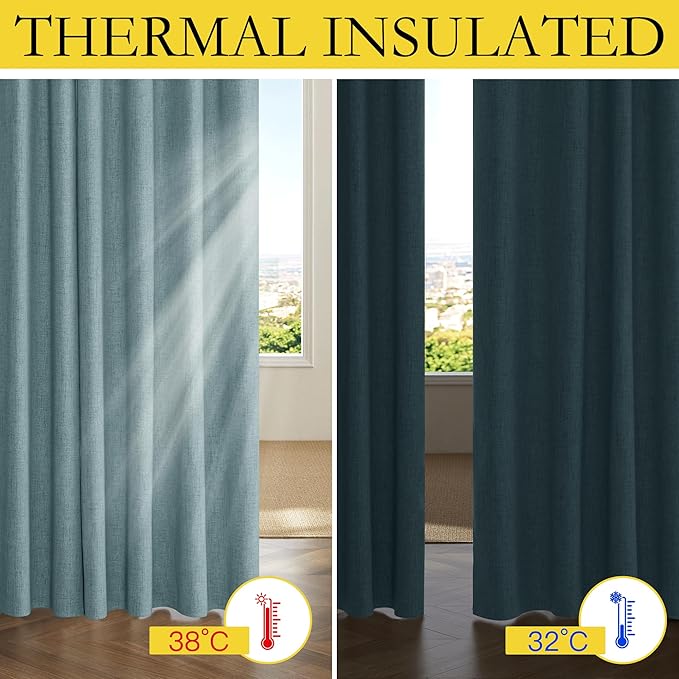 NICETOWN 100% Absolutely Blackout Linen Curtains with Thermal Insulated White Liner, Skylark Blue, 42" Wide, 63" Length Energy Saving Curtains for Small Window 2 Panels Set, Vertical Blinds