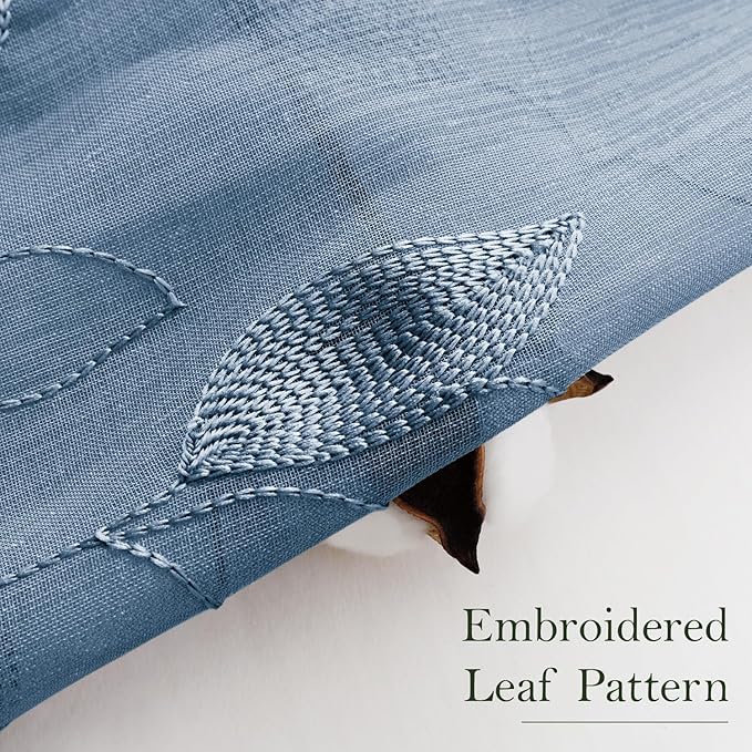 HOMEIDEAS Stone Blue Sheer Kitchen Curtains 52 x 54 Inch Length 2 Panels Embroidered Leaf Pattern Short Curtains for Bedroom Half Small Bathroom Window Rod Pocket Tiers