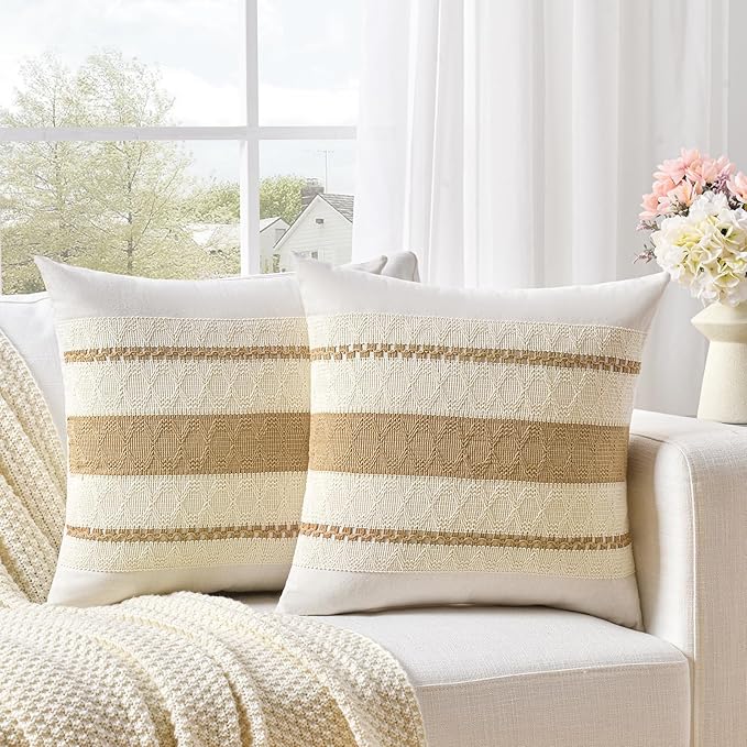 Fancy Homi Set of 1 Tan Neutral Decorative Throw Pillow Cover 20x20 Inch for Couch Bed Sofa, Aesthetic Modern Organic Farmhouse Boho Home Decor, Soft Cotton Cute Accent Macrame Woven Cushion Case