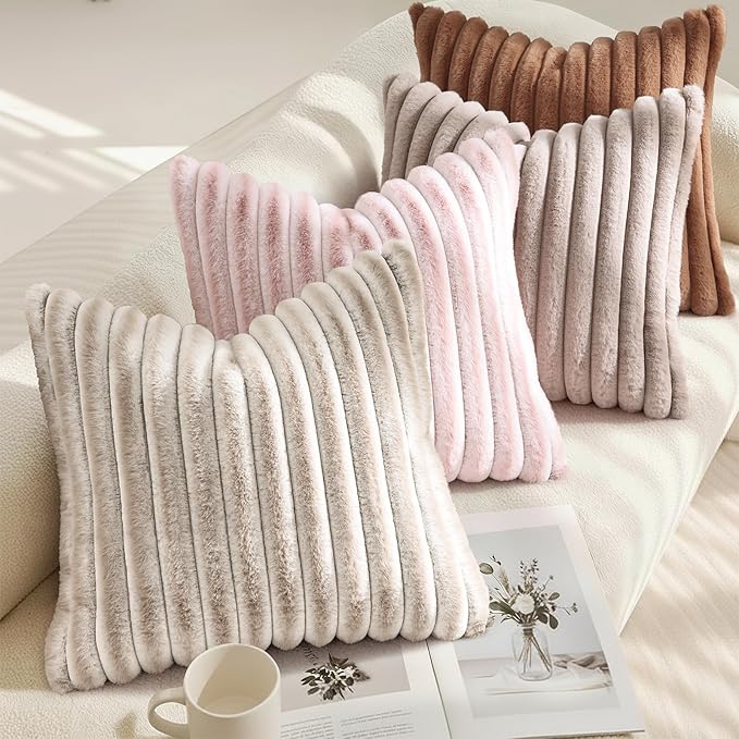 decorUhome Summer Cozy Faux Fur Throw Pillow Covers 22x22 Set of 2 Decorative Plush Striped Modern Farmhouse Boho Couch Euro Sham Pillow Cases with Velvet Back for Sofa Bed Living Roomr, Pink White