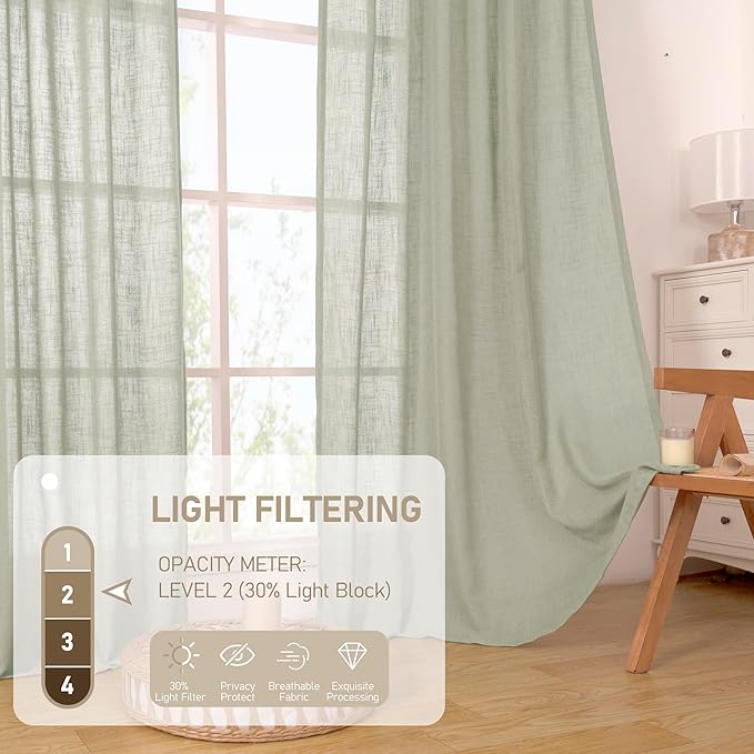 LAMIT Semi Sheer Linen Curtains 36 Inch Length 2 Panels, Light Filtering Panels Back Tab and Rod Pocket Neutral Drapes for Bathroom/Kitchen/Loft Room, Sage Grey, 34 x 36 Inch
